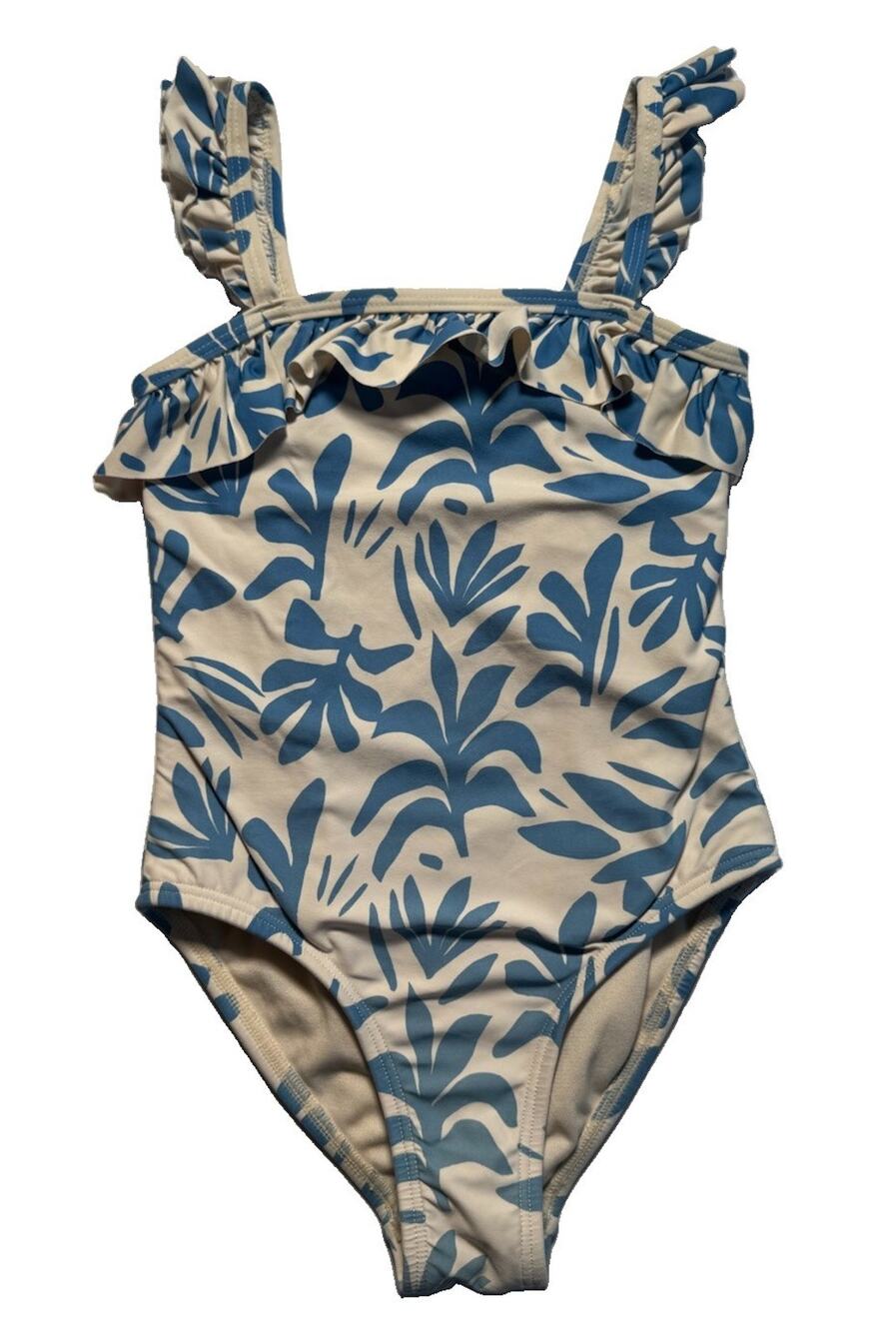 GB Girls One Piece Swimsuit Size 5 Blue White Tropical Ruffle